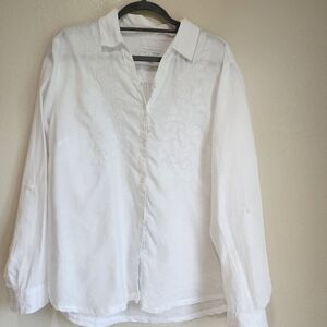 Charter Club Blouse Top White Linen Roll Tab Embroidered Beaded Beachy size XL
